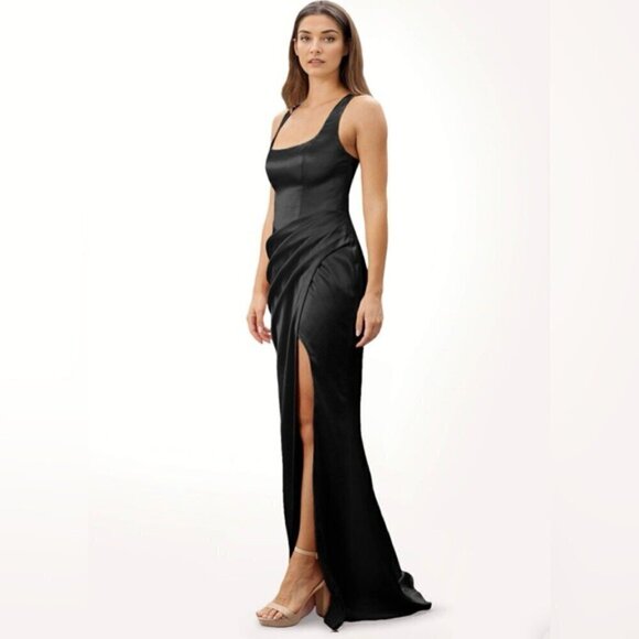 Azazie - Mero Black Sheath Pleated Metallic Satin Dress -Black. Size:A10. (1613) - Picture 15 of 16